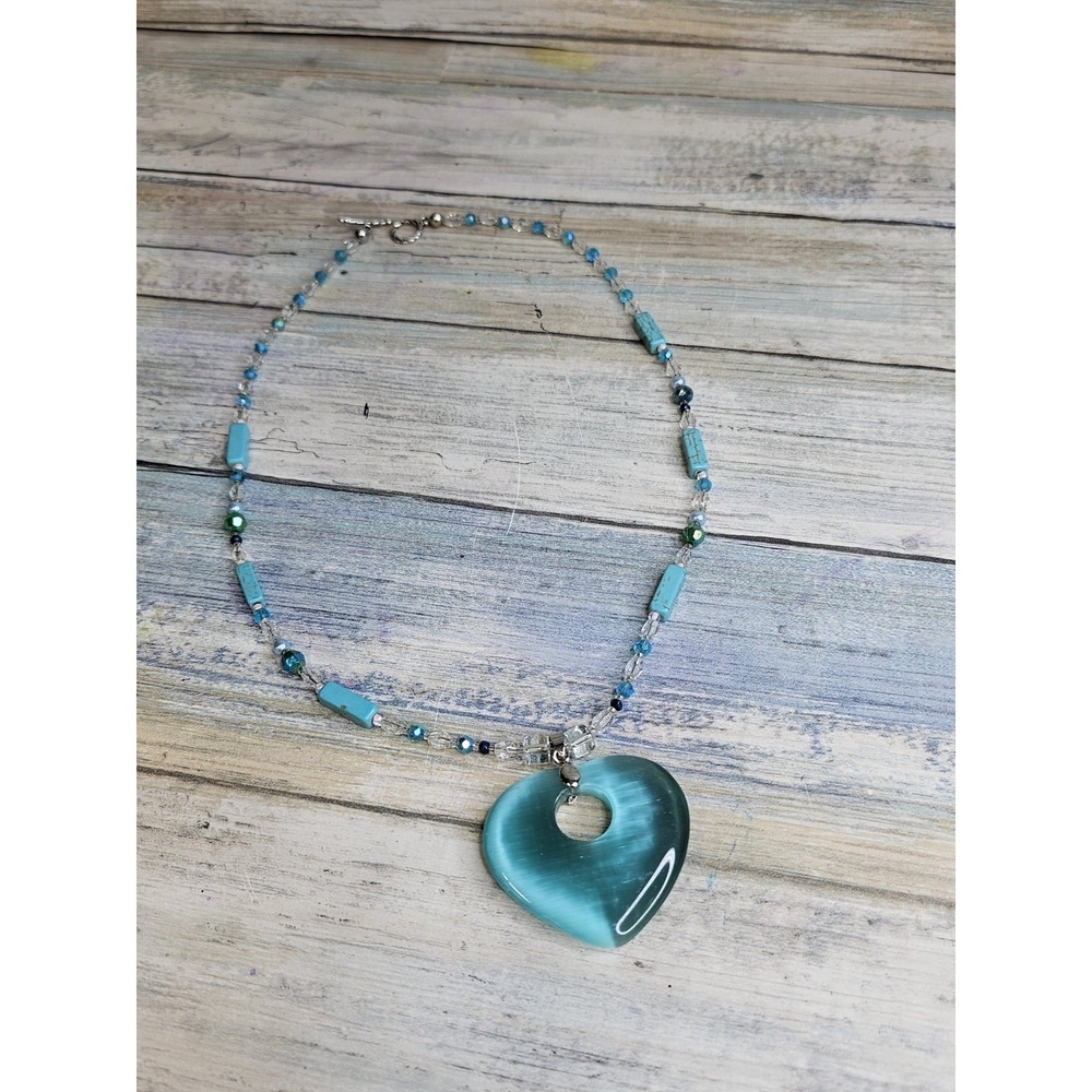 Teal Blue Cat's Eye Heart Crystal Beads Toggle Clasp Necklace‎ Turquoise 20"
